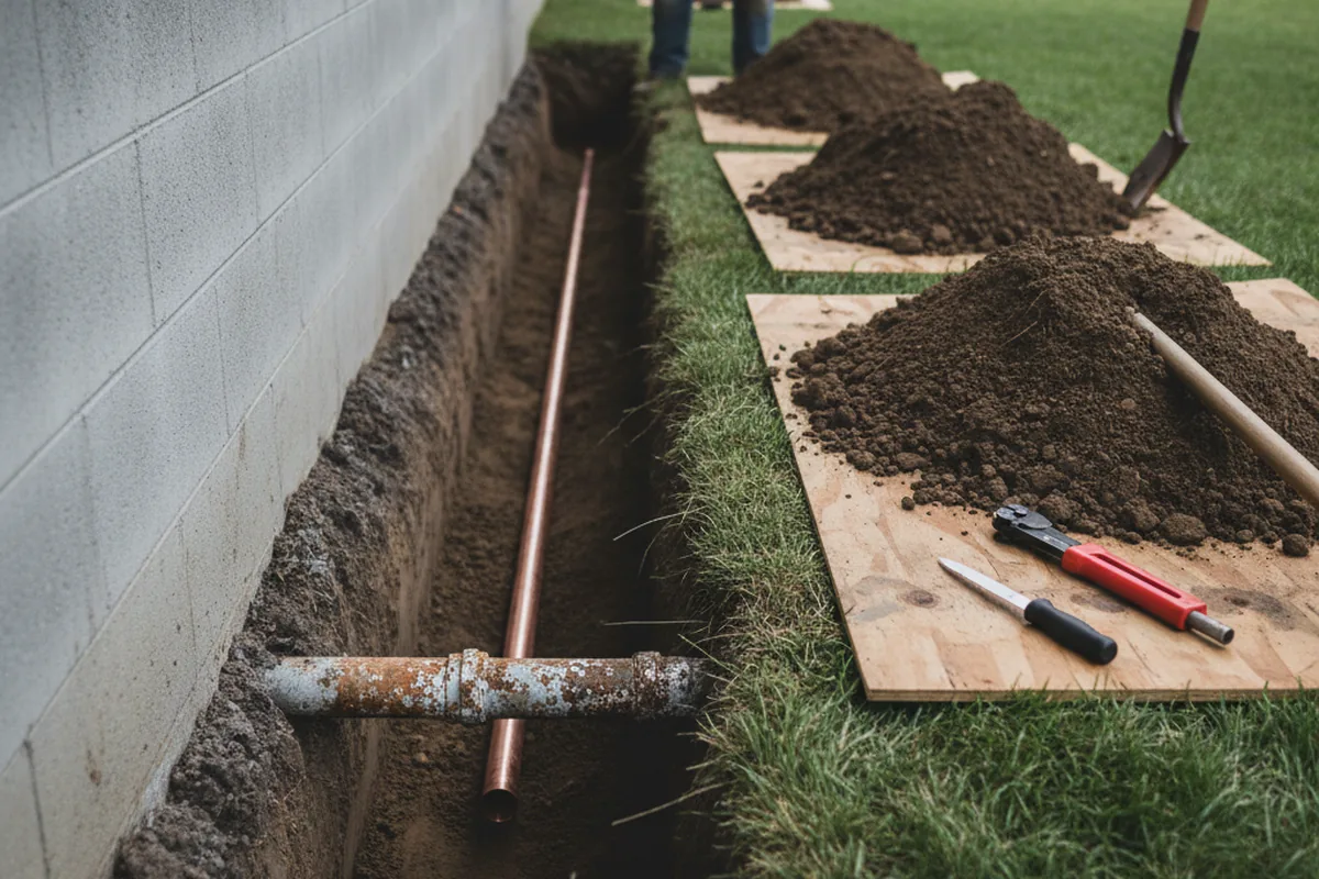 Excavated water line trench during Sewer Line Repair in Willis Wharf